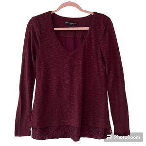 White House Black Market Burgundy Knit Top with Lace Detail Size Small